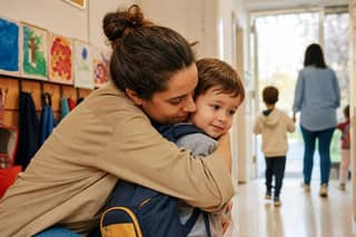Madre despidiéndose con un abrazo de su hijo en la entrada de una guardería durante el periodo de adaptación