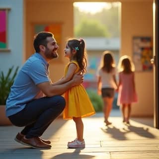 Padre sonriendo y abrazando a su hija pequeña con alegría en la puerta de una guardería, con otros niños y padres en el fondo. La escena es cálida y llena de afecto.