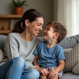 Niño pequeño de unos 3-4 años riendo mientras su madre le hace cosquillas suavemente en un sofá de casa, en un ambiente acogedor y relajado tras la guardería. La madre está sonriendo y mirando al niño con afecto.