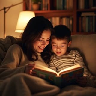 Madre e hijo riendo mientras leen un libro de cuentos en el sofá de su casa, con una manta acogedora y luz cálida. Ambos están concentrados en el libro y se ven felices.
