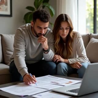 Un padre y una madre de etnia diversa sentados en un sofá en casa, revisando documentos y folletos de guarderías con una expresión pensativa