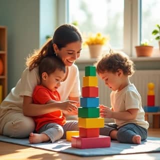 Educadora de guardería guiando a un grupo de niños pequeños en un juego cooperativo con bloques de construcción