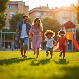Padres sonrientes observando a sus hijos pequeños jugar alegremente en un parque infantil con otros niños