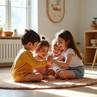 Grupo diverso de niños pequeños riendo y abrazándose en un círculo en el suelo de una guardería, simbolizando la amistad y la conexión