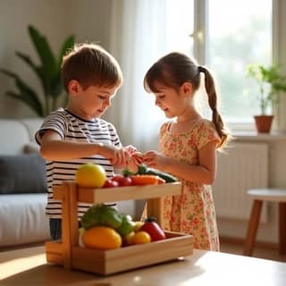 Dos niños de 6 y 7 años, un niño y una niña, jugando a la tienda en un salón luminoso. Tienen un pequeño puesto de frutas y verduras de juguete. La niña está 