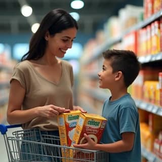 Madre e hijo de 5 años en un supermercado español. La madre sostiene un paquete de cereales y el niño, con una cesta pequeña, mira atentamente mientras ella le explica la diferencia de precio entre dos marcas. Carrito de la compra en segundo plano.
