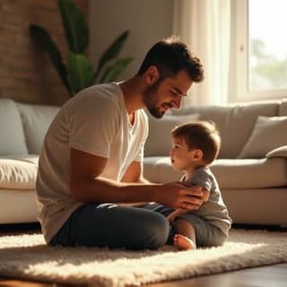 Padre consolando a su hijo pequeño en el salón de casa, transmitiendo calma y seguridad.
