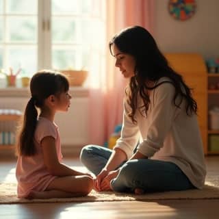 Madre e hija sentadas en el suelo, la madre escucha atentamente a la niña que le cuenta algo con un gesto de preocupación, en un ambiente hogareño.