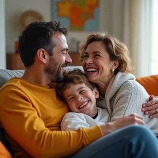 Familia española feliz y unida, padre, madre e hijo, riendo y abrazándose en un sofá, simbolizando el apoyo emocional en el hogar.