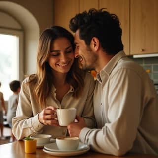 Padre y madre jóvenes españoles, agotados pero sonriendo, tomando un café en la cocina mientras sus hijos pequeños juegan en el salón después de las vacaciones de Navidad.