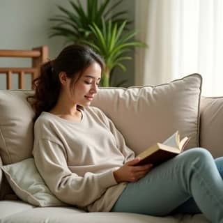 Una madre española joven, sonriendo y relajada, leyendo un libro en un sofá cómodo mientras su bebé duerme en una cuna cercana, en un ambiente hogareño y tranquilo.