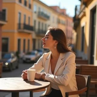 Padre o madre joven, de origen español, disfrutando de un café tranquilamente en una terraza soleada de Madrid, con una expresión de alivio y serenidad después de dejar a su hijo en la guardería. El ambiente es relajado, con edificios típicos de la ciudad al fondo.