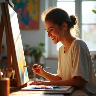 Mujer joven de etnia caucásica, concentrada y sonriente, pintando un cuadro en un estudio de arte luminoso en España. Viste ropa cómoda y casual, con pinceles y paleta de colores a su alrededor, mostrando una expresión de disfrute y relajación.