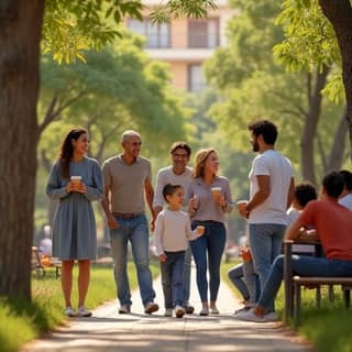 Grupo diverso de padres y madres de diferentes etnias, sonriendo y charlando animadamente en un parque soleado de un barrio residencial español. Algunos están tomando café, otros paseando, creando una atmósfera de comunidad y apoyo mutuo.