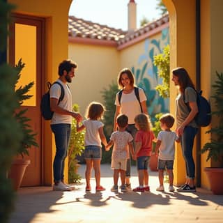 Padres charlando animadamente a la salida de una guardería en España, con niños jugando alrededor.