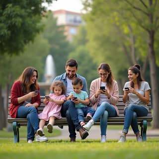Grupo diverso de padres y madres en un parque, algunos con sus hijos, mirando sus teléfonos y charlando, representando la conexión digital y social.