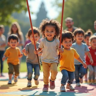 Niños pequeños de diversas etnias jugando alegremente en un parque infantil de una guardería española, mientras sus padres charlan tranquilamente en segundo plano.