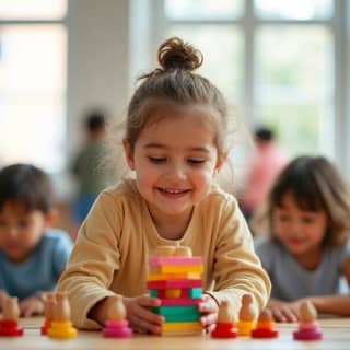 Niña sonriente de 3 años de etnia caucásica, vestida con ropa colorida, construyendo una torre de bloques de madera en una guardería luminosa de España. Otros niños juegan difuminados al fondo. Ambiente alegre y colaborativo.