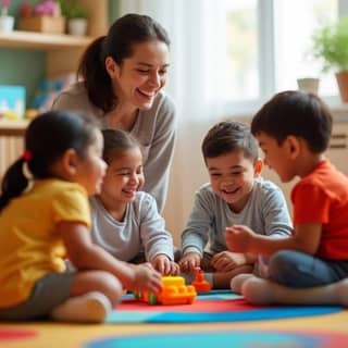 Un grupo diverso de niños de entre 3 y 5 años, de diferentes etnias (caucásica, africana, asiática), sentados en un círculo en el suelo de una guardería moderna y colorida en España. Están riendo y compartiendo un juguete, con una educadora sonriente supervisando al fondo. Ambiente de juego colaborativo y alegría.