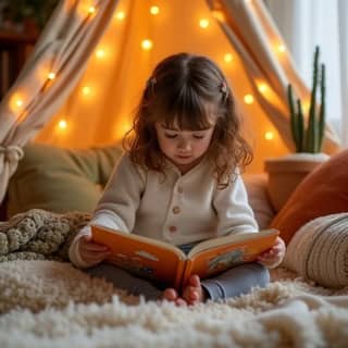 Niña pequeña sentada cómodamente en un rincón de lectura acogedor con cojines suaves y luz tenue.