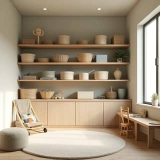 Habitación infantil organizada con estanterías de madera, juguetes guardados y colores neutros, transmitiendo serenidad.