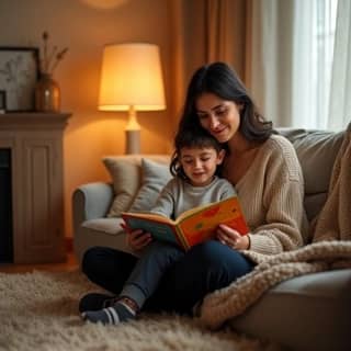 Madre e hijo sentados en el suelo, leyendo un libro juntos en un ambiente cálido y acogedor con luz suave.