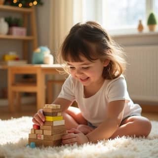 Niña sonriente de unos 2 años, de etnia caucásica, jugando con bloques de madera de colores en el suelo de una sala de juegos luminosa y cálida, con mobiliario infantil de madera claro y una alfombra suave. La niña está concentrada en construir una torre, con un adulto (la madre) observando con cariño en el fondo. Ambiente navideño sutil con algún detalle decorativo.