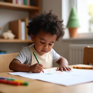 Niño de unos 3 años, de etnia mixta, pintando con ceras de colores en una hoja grande de papel sobre una mesa baja de madera en un rincón de juego bien iluminado. El niño lleva un babero de tela y está completamente inmerso en su actividad. Alrededor, hay estantes con libros infantiles y algunos juguetes de madera. Ambiente navideño discreto.