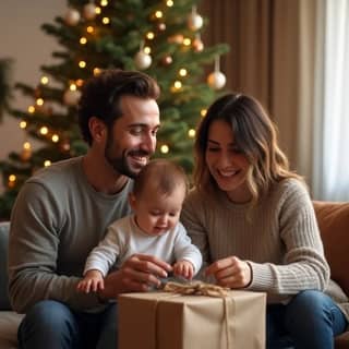 Familia española (padres y dos niños pequeños, uno de ellos un bebé en brazos) sonriendo y riendo mientras abren un regalo envuelto en papel reciclado bajo un árbol de Navidad decorado de forma sencilla en un salón acogedor. La escena irradia felicidad y conexión familiar, con un ambiente cálido y natural. El bebé está en brazos del padre, y el otro niño, de unos 2-3 años, está ayudando a abrir el paquete.