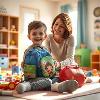 Niño preparando su mochila para la guardería