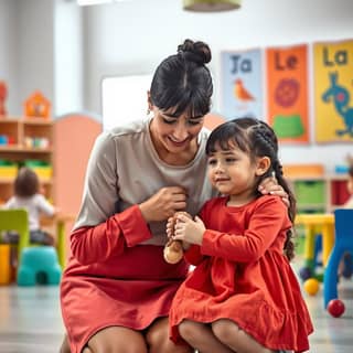 Educadora consolando a un niño en la guardería