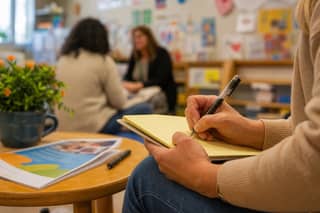 Padre o madre tomando notas con preguntas para la reunión de bienvenida de la guardería