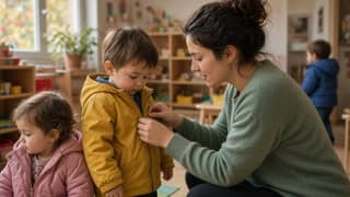Educadora ayudando a pequeños a ponerse la chaqueta antes de salir al patio en otoño en una escuela infantil