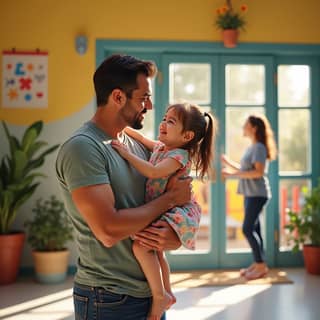 Niña sonriendo mientras su padre la abraza en la puerta de la guardería en España, con una educadora esperándolos.