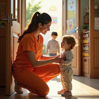 Educadora consolando a un niño pequeño que llora mientras su madre lo observa con una sonrisa tranquilizadora en la puerta de la guardería.