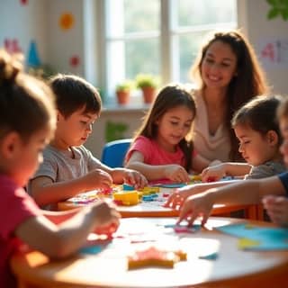 Niños felices en una guardería española creando manualidades de Fin de Año con purpurina y cartulinas de colores. Un educador sonríe al fondo.