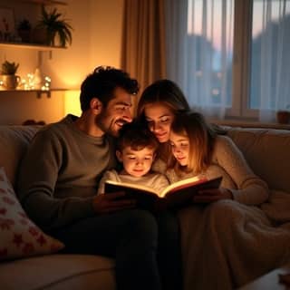 Familia española en casa, padre y madre leyendo un cuento de Fin de Año a sus dos hijos pequeños sentados en el sofá, con decoraciones festivas y un ambiente acogedor.