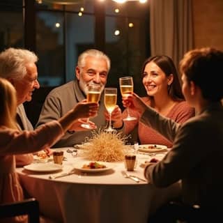 Familia multi-generacional española brindando con bebidas no alcohólicas en una mesa de Fin de Año decorada, con abuelos, padres y niños pequeños sonriendo y celebrando en un ambiente hogareño y cálido.