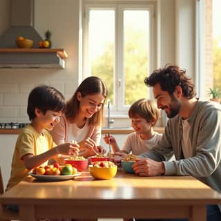 Una familia sonriendo mientras desayuna tranquilamente en una cocina moderna con luz natural, con los padres ayudando a sus hijos pequeños a servirse cereales y fruta. Refleja un ambiente relajado y feliz en una mañana española.