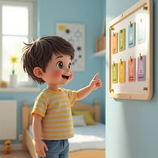 Un niño pequeño, de unos 3-4 años, señalando con una sonrisa un panel de rutina visual con pictogramas de sus tareas matutinas, colgado en la pared de su habitación infantil. El panel es colorido y fácil de entender, con dibujos de cepillarse los dientes, desayunar y vestirse.