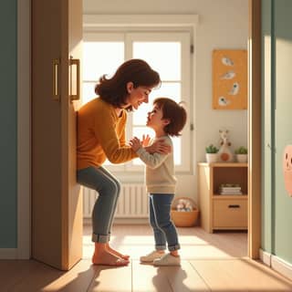 Una madre española sonriendo y abrazando a su hija pequeña en la entrada de una guardería, en un ambiente luminoso y acogedor, simbolizando una despedida tranquila y feliz tras una mañana bien organizada.