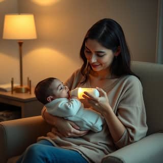Madre dando el biberón a su bebé antes de dormir