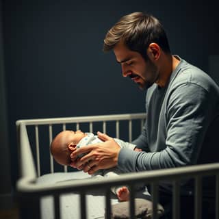 Padre consolando a su bebé durante la noche