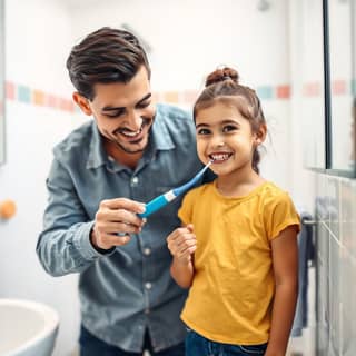Niño cepillándose los dientes con supervisión de un adulto