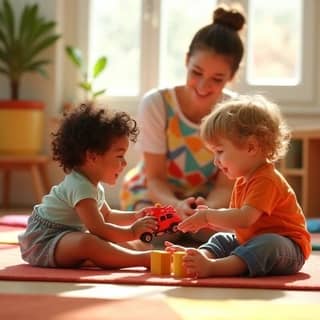 Niños pequeños de diversas etnias en una guardería española, compartiendo juguetes con una sonrisa, bajo la supervisión de una educadora. La escena muestra un ambiente de juego colaborativo y alegre.