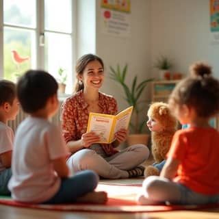 Un grupo de niños pequeños, de diversas etnias, sentados en círculo en el suelo de una guardería luminosa, escuchando atentamente a una educadora que les lee un cuento con un títere. Se percibe un ambiente de concentración y aprendizaje interactivo.