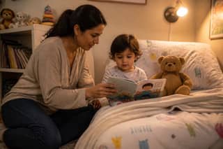 Familia con ritual de siesta en casa: cuento corto antes de dormir
