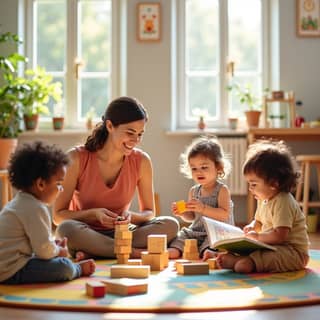 Niños felices jugando en una guardería moderna con mobiliario de madera y mucha luz natural, bajo la supervisión de una educadora sonriente.