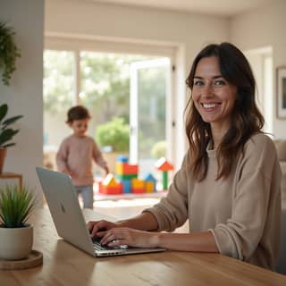 Madre sonriente trabajando en su ordenador portátil en casa, mientras su hijo juega felizmente con bloques en otra habitación, simbolizando la conciliación.