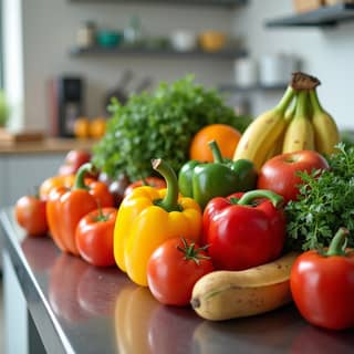 Variedad de frutas y verduras frescas en una cocina de guardería